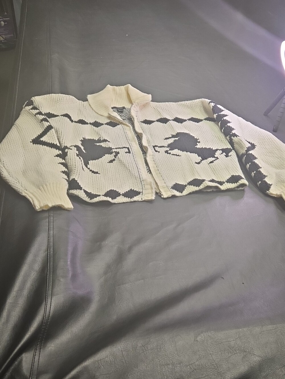 Forever 21 Cream and Black Horse Zip-Front Cardigan
